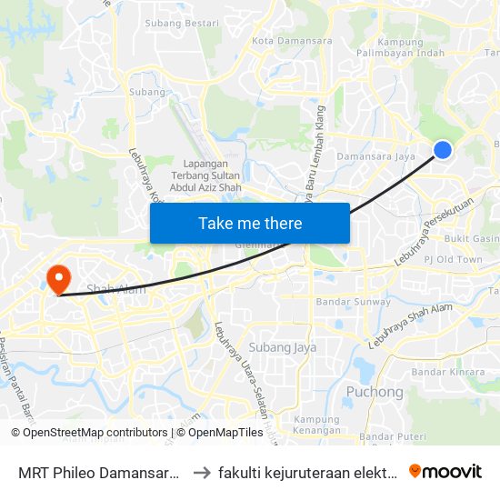 MRT Phileo Damansara, Pintu A (Pj823) to fakulti kejuruteraan elektrik uitm shah alam map