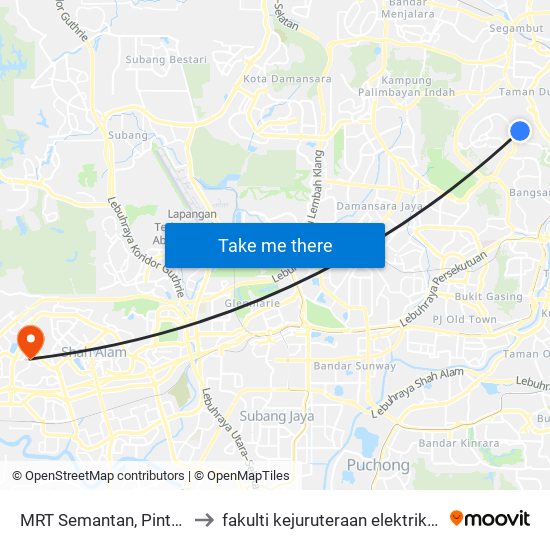 MRT Semantan, Pintu B (Kl1174) to fakulti kejuruteraan elektrik uitm shah alam map