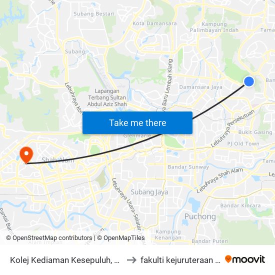 Kolej Kediaman Kesepuluh, Universiti Malaya (Opp) (Kl2345) to fakulti kejuruteraan elektrik uitm shah alam map