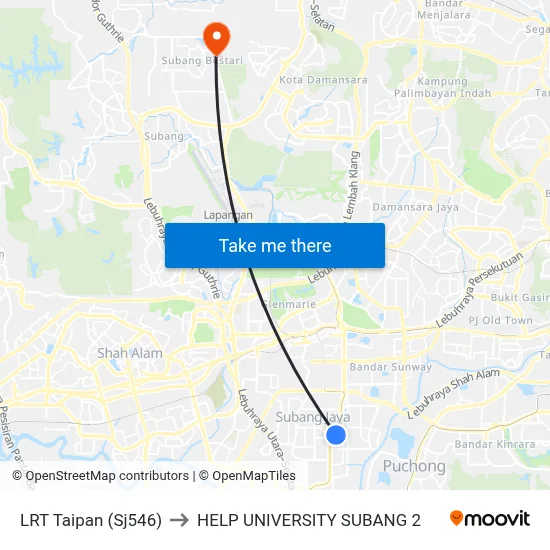 LRT Taipan (Sj546) to HELP UNIVERSITY SUBANG 2 map