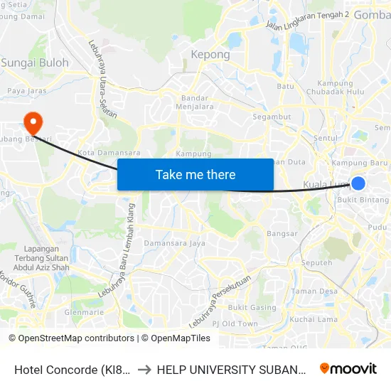 Hotel Concorde (Kl80) to HELP UNIVERSITY SUBANG 2 map
