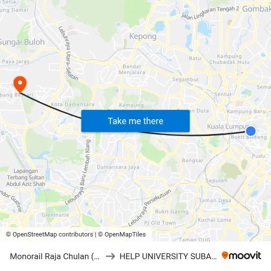 Monorail Raja Chulan (Kl22) to HELP UNIVERSITY SUBANG 2 map
