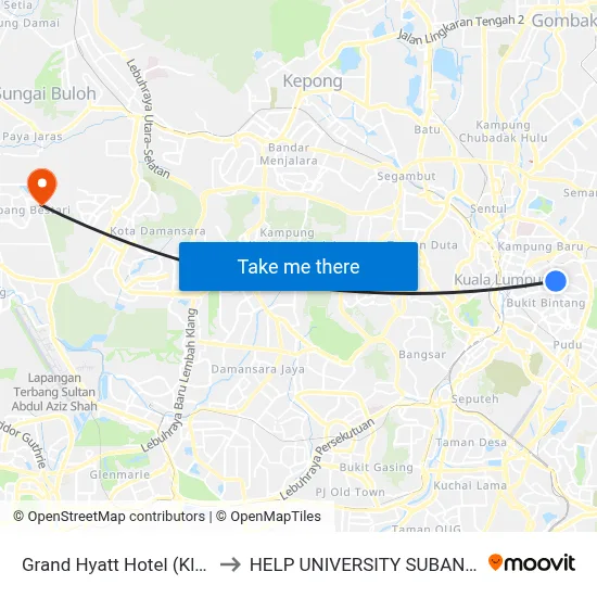 Grand Hyatt Hotel (Kl88) to HELP UNIVERSITY SUBANG 2 map
