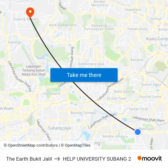 The Earth Bukit Jalil to HELP UNIVERSITY SUBANG 2 map