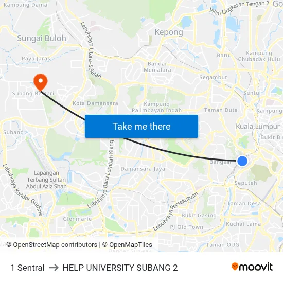 1 Sentral to HELP UNIVERSITY SUBANG 2 map