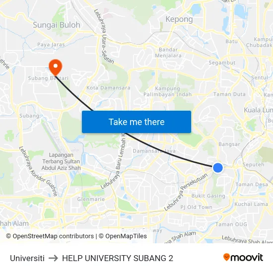 Universiti to HELP UNIVERSITY SUBANG 2 map
