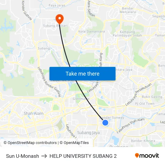 Sun U-Monash to HELP UNIVERSITY SUBANG 2 map