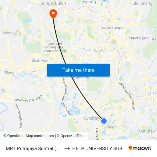 MRT Putrajaya Sentral (Ppj254) to HELP UNIVERSITY SUBANG 2 map