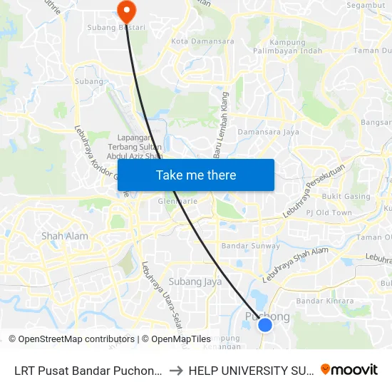 LRT Pusat Bandar Puchong (Sj735) to HELP UNIVERSITY SUBANG 2 map