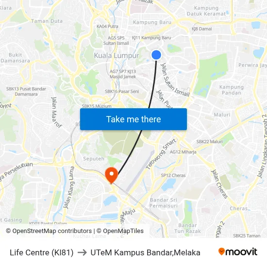 Life Centre (Kl81) to UTeM Kampus Bandar,Melaka map