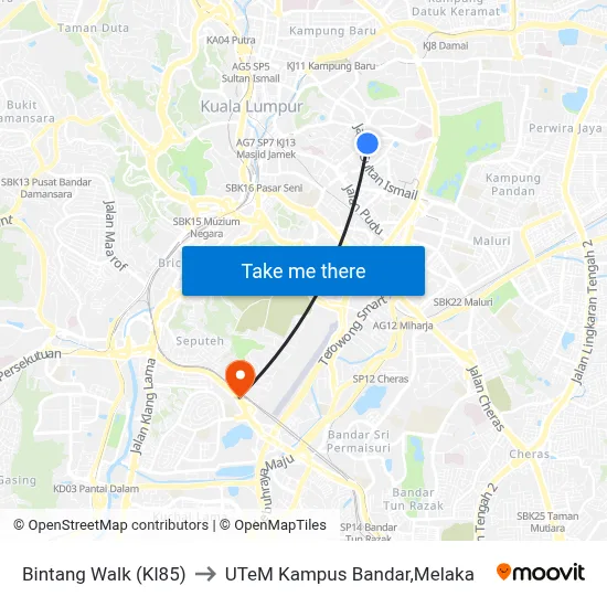 Bintang Walk (Kl85) to UTeM Kampus Bandar,Melaka map