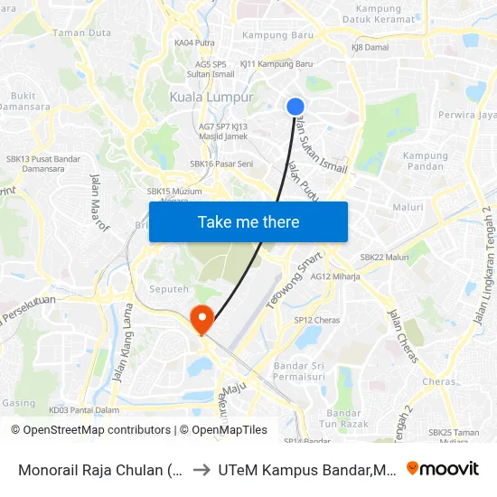 Monorail Raja Chulan (Kl22) to UTeM Kampus Bandar,Melaka map