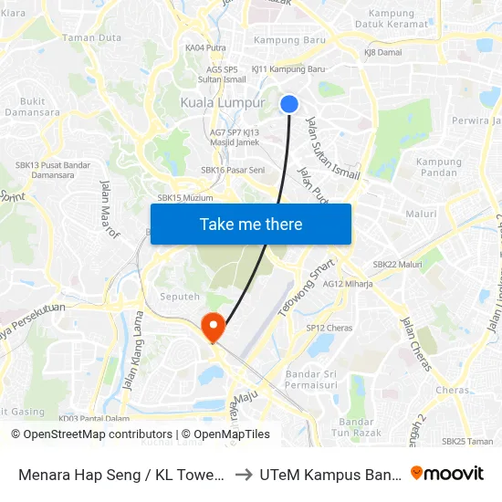 Menara Hap Seng / KL Tower (Timur) (Kl18) to UTeM Kampus Bandar,Melaka map