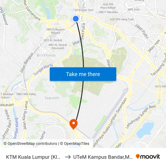KTM Kuala Lumpur (Kl1093) to UTeM Kampus Bandar,Melaka map