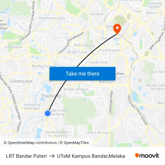 LRT Bandar Puteri to UTeM Kampus Bandar,Melaka map