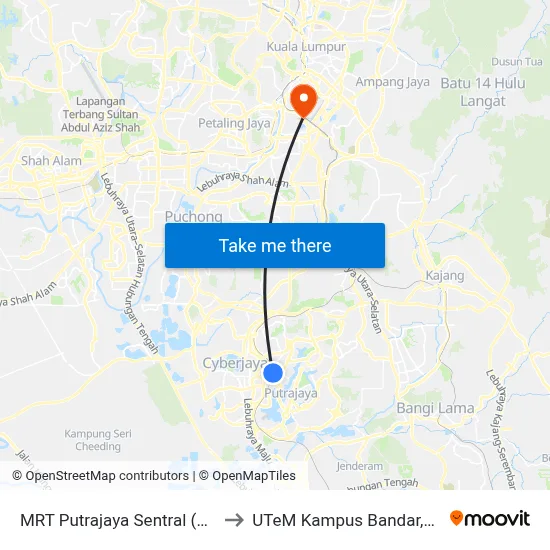 MRT Putrajaya Sentral (Ppj254) to UTeM Kampus Bandar,Melaka map