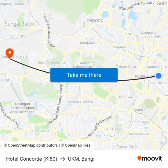 Hotel Concorde (Kl80) to UKM, Bangi map