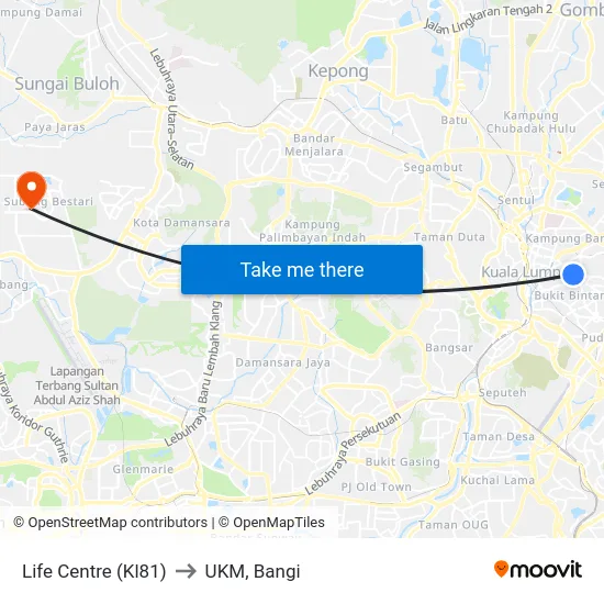 Life Centre (Kl81) to UKM, Bangi map