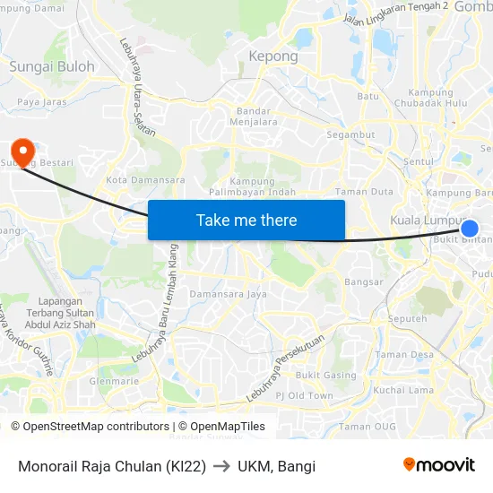 Monorail Raja Chulan (Kl22) to UKM, Bangi map