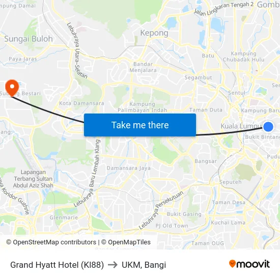 Grand Hyatt Hotel (Kl88) to UKM, Bangi map