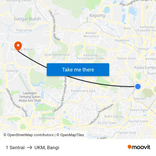 1 Sentral to UKM, Bangi map