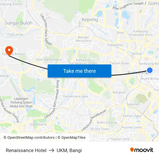 Renaissance Hotel to UKM, Bangi map