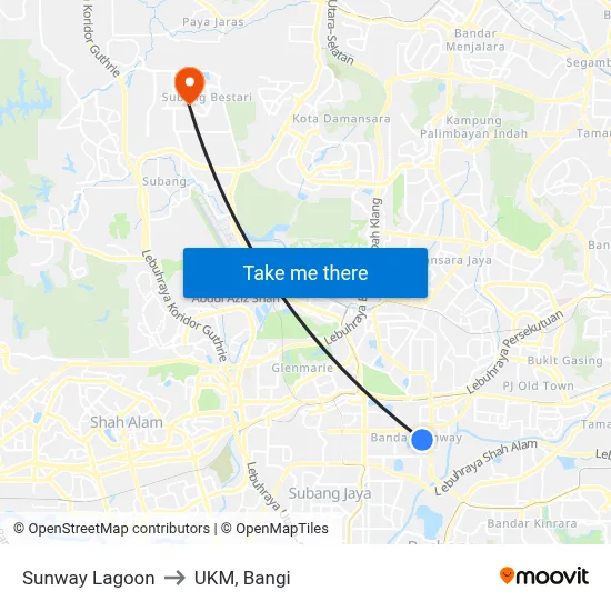 Sunway Lagoon to UKM, Bangi map