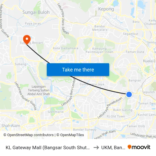 KL Gateway Mall (Bangsar South Shuttle) to UKM, Bangi map