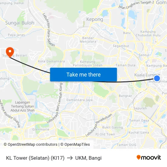KL Tower (Selatan) (Kl17) to UKM, Bangi map