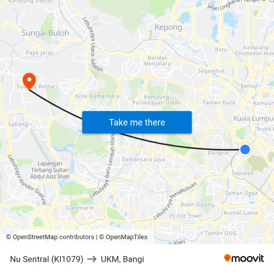 Nu Sentral (Kl1079) to UKM, Bangi map