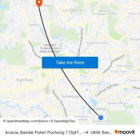 Acacia, Bandar Puteri Puchong 7 (Sj472) to UKM, Bangi map