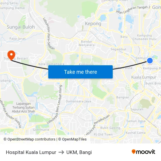 Hospital Kuala Lumpur to UKM, Bangi map