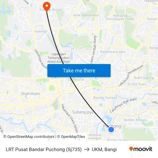 LRT Pusat Bandar Puchong (Sj735) to UKM, Bangi map