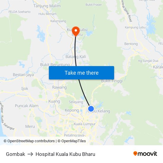 Gombak to Hospital Kuala Kubu Bharu map