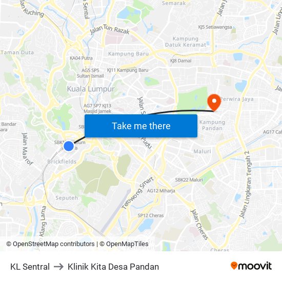 KL Sentral to Klinik Kita Desa Pandan map