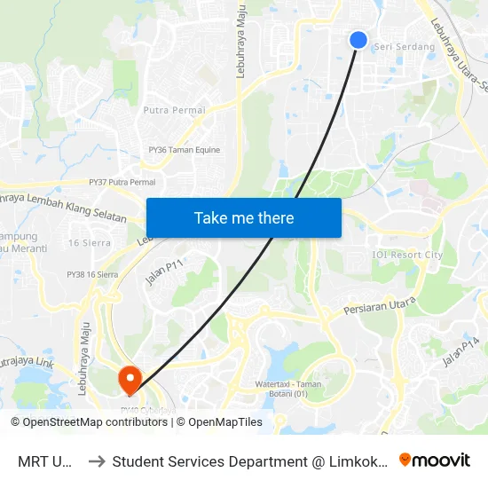 MRT UPM Pintu A to Student Services Department @ Limkokwing University of Creative Technology map