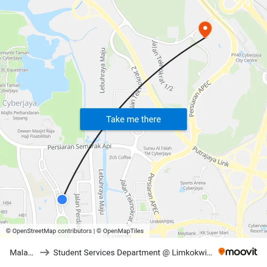 Malakat Mall to Student Services Department @ Limkokwing University of Creative Technology map