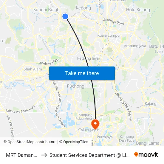 MRT Damansara Damai Pintu B to Student Services Department @ Limkokwing University of Creative Technology map