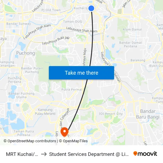 MRT Kuchai/Residensi Far East to Student Services Department @ Limkokwing University of Creative Technology map
