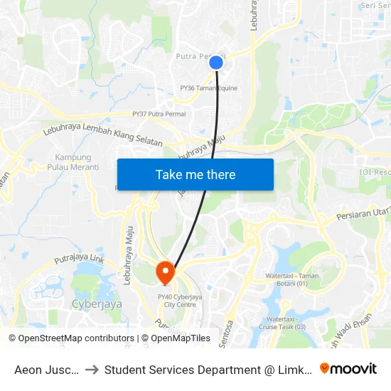 Aeon Jusco Equine Park to Student Services Department @ Limkokwing University of Creative Technology map