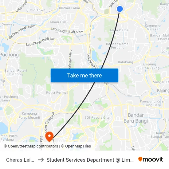 Cheras Leisure Mall (Opp) to Student Services Department @ Limkokwing University of Creative Technology map