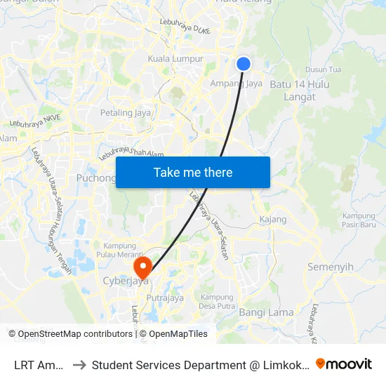 LRT Ampang (Opp) to Student Services Department @ Limkokwing University of Creative Technology map