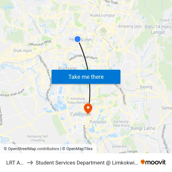 LRT Asia Jaya to Student Services Department @ Limkokwing University of Creative Technology map