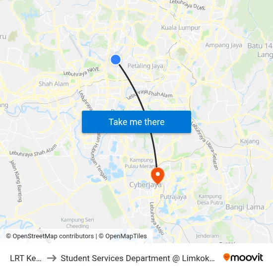 LRT Kelana Jaya to Student Services Department @ Limkokwing University of Creative Technology map