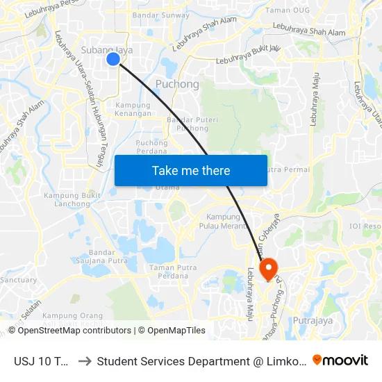 USJ 10 Taipan (Utara) to Student Services Department @ Limkokwing University of Creative Technology map