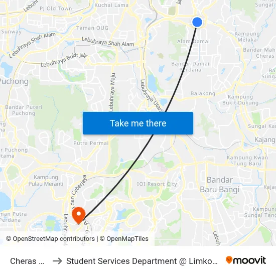 Cheras Sentral Mall to Student Services Department @ Limkokwing University of Creative Technology map