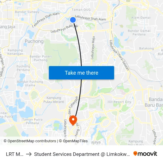 LRT Muhibbah to Student Services Department @ Limkokwing University of Creative Technology map