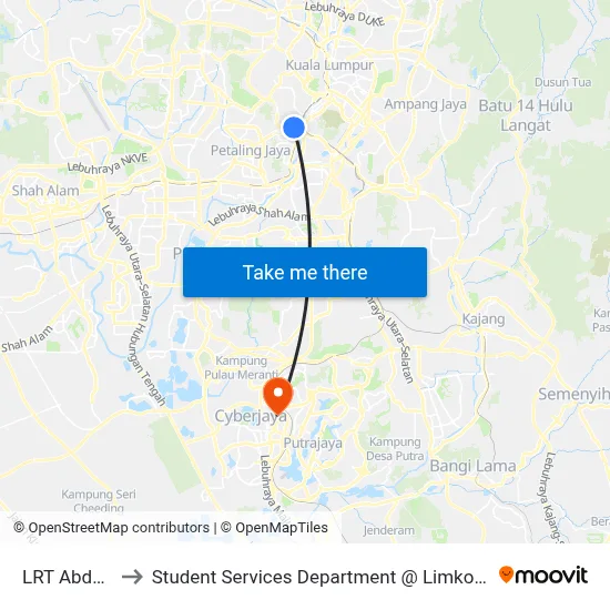 LRT Abdullah Hukum to Student Services Department @ Limkokwing University of Creative Technology map