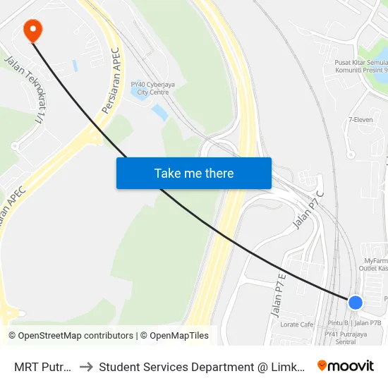MRT Putrajaya Sentral to Student Services Department @ Limkokwing University of Creative Technology map