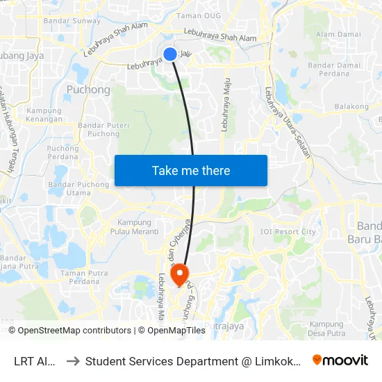 LRT Alam Sutera to Student Services Department @ Limkokwing University of Creative Technology map